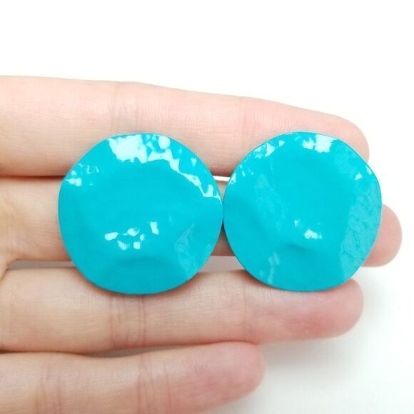 Vintage Funky Teal Blue Clip On Earrings, Retro 80s Style Enamel - Picture 1 of 5